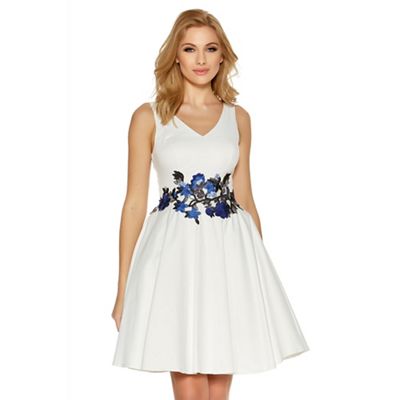 White and blue satin floral print skater dress